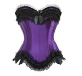 Sexy Satin Lace overlay Overbust Corset Top Zipper Side Bowknot Decorated Clubwear Showgirl Body Shaper Plus Size S-6XL