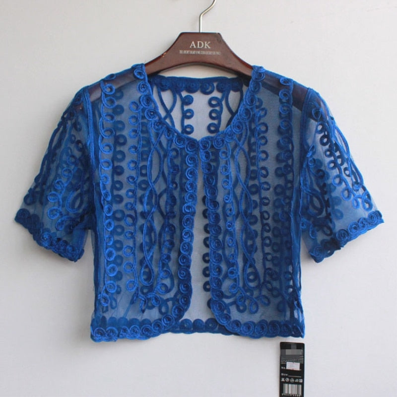 Summer Embroidery Mesh Crochet Lace Embellished Cape Short Sleeve V Collar Women Cardigan Short Femme Bolero Coat