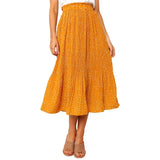 New White Dots Floral Print Pleated Midi Elegant Elastic High Waist Side Pockets Women Skirt