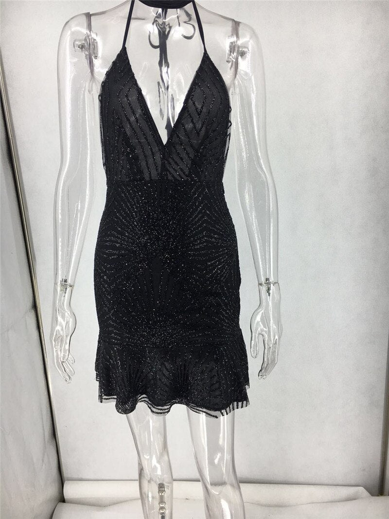 Geometric Sequins Strap Bandage V Neck Ruffles Women Backless Sequin Chic Dress