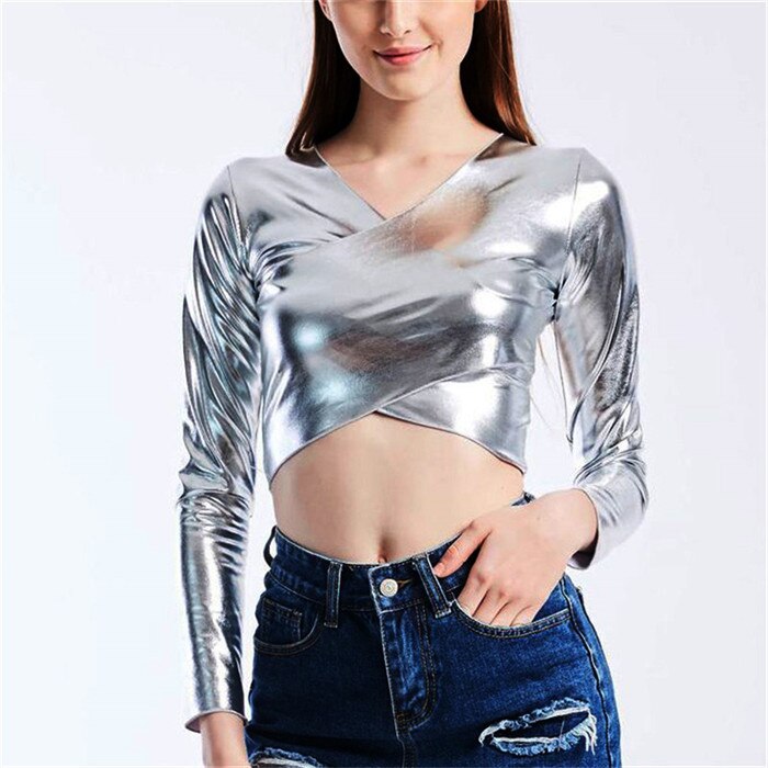 Sparkly Hologram Long Sleeve Slim T Shirt V Neck Sexy Crop Night Club Dance Show Cute Tops