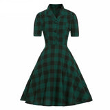 Pin Up Vintage Green Plaid Elegant Turn-Down Collar Pocket Side Cotton Gingham Rockabilly Dress