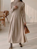 Winter Elegant Warm Turtleneck Ladies A-line Sweater Dress Full Sleeve Slim Waist Women Knitted Maxi Vestidos