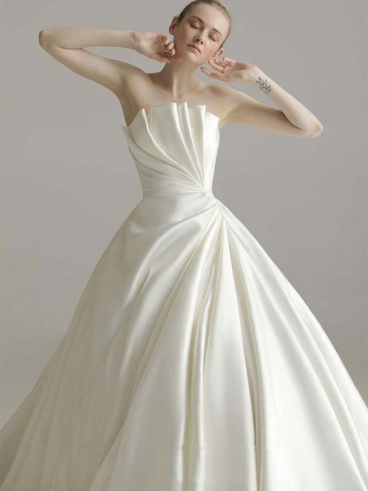 Satin Wedding Dress New Style Tuxedo Bride Slim Strapless Women Simple Wedding Dresses Pleated White Vestido