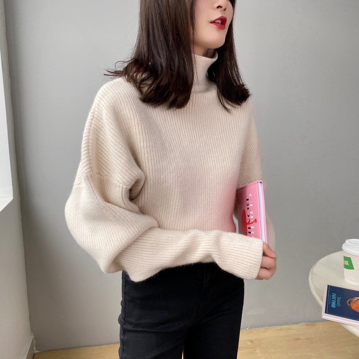 Autumn Women Pullovers Turtleneck Long Sleeve Loose Sweater Cropped Tops Pull Outwear