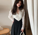 Patchwork Lace Elegant Dress Women Autumn High Waist Vintage Party Midi Dress Female Casual Long Sleeve Sweet Fairy Dress