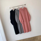 Winter Loose Casual Women Hooded Long Sleeve Midi Dress Side Slit Warm Knitted Sweatshirt Hoodie Dress