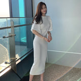 Dresses For Women 2021 Summer Flare Sleeve Solid Knit Bodycon  Office Lady Casual Midi Shirt Dresses