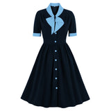 1950s Elegant Women Short Sleeve Bowknot Button Robe Pin Up Swing Retro Party Vintage Dress