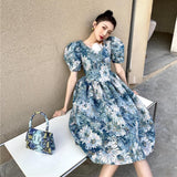 French Vintage Print Party Blue Dresses Women Korean Style Designer Sweet Cute Dress A-line Puff Sleeve Retro Dress Sunmmer