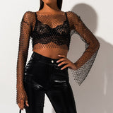 Glitter Diamonds Fishnet T-shirt Women Long Sleeve O Neck Sexy Hollow Out See Through Club T Shirt Tops Tees