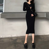 Autumn Winter Women Casual V-Neck Knitted Bodycon Dress Stretched Female Elegant Pencil Dress Sweater Vestidos