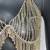 Shining Rhinestone Sexy Hollow Out Body Chain Luxury Crystal Tassel Halter See Through Backless Patchwork Crop Tops