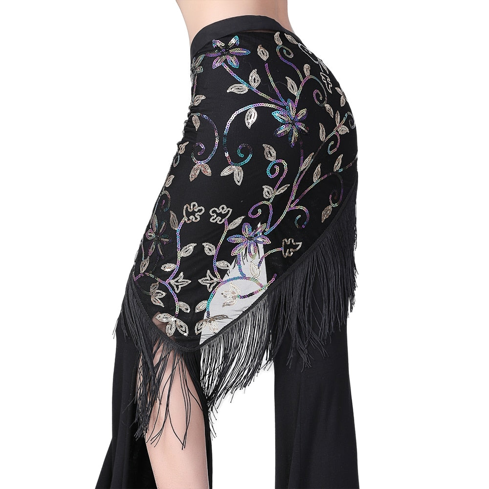 Embroidery Floral Hip Scarf for Belly Dance Folk Dance Party Costume Tribal Dance Wrap Skirt with Sequin Tassel
