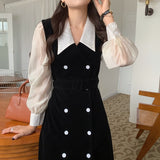 Women Autumn French Elegant Dress Patchwork Lapel Chic Double-Breasted Belt Lantren Sleeve Vestidos