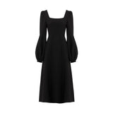 Black Retro Split Dress Women Elegant Midi Designer Dress Female Long Sleeve Hepburn Style Chiffon Vintage Dress