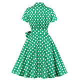 Vintage 50s 60s Retro Women Short Sleeve Cotton Robe Pin Up Swing Green Polka Dot Dress