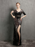 New White Long Slit Party Dress Women See-through Sequin Evening Dress