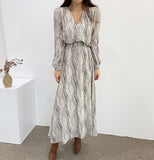 Spring Women V-neck Print Dress 2021 Female Full Sleeve Lace-up Waist A-line Vestidos Femme