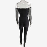 Off shoulder Black Mesh Night Club Skinny Long Sleeve Lace up See through Rompers Women Jumpsuits