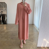 Winter Loose Casual Women Hooded Long Sleeve Midi Dress Side Slit Warm Knitted Sweatshirt Hoodie Dress