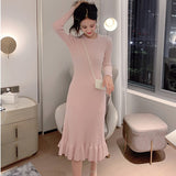 Women Autumn Winter Elegant Slim Midi Sweater Dresses Knitted Ruffle Dress Female A-line Casual Vestidos