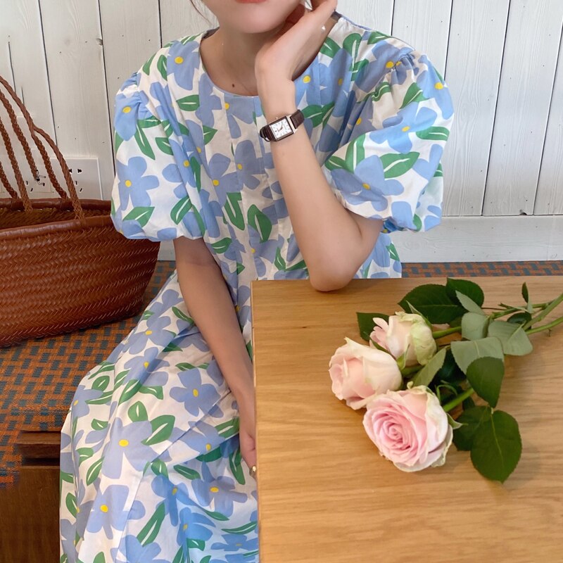 Korean Summer O-Neck Puff Sleeve Boho Beach Floral Print Casual Loose Chic Dress Vestidos Femme Streetwear
