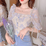 Summer Lace Floral Chiffon Blouse Women Designer Patchwork Korean Sweet Blouse Shirt Puff Sleeve Designer Casual Tops 2021