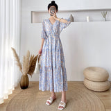 Casual Print A-Line Dress For Women V-Neck Puff Short Sleeve High Waist Long Dresses Female Summer Fashion Clothes