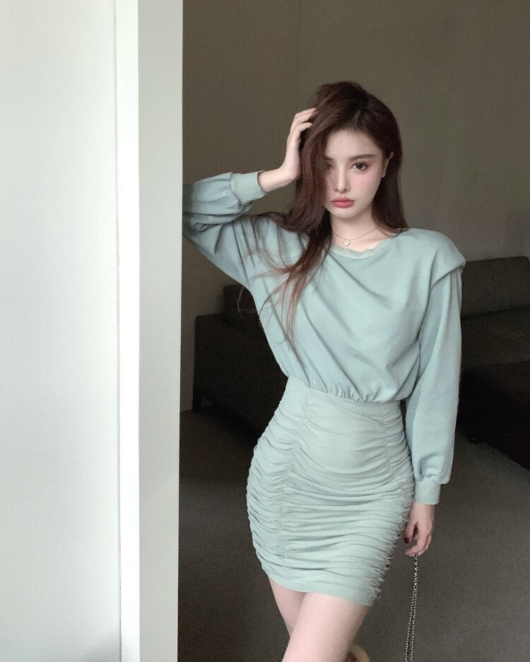 Women Long Sleeve Sexy Skinny Autumn Mini Ruched Dress Solid Bodycon Clothes Party Club Vestidos