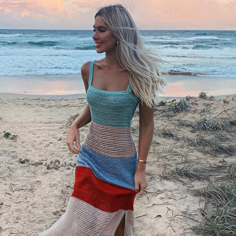 Wide Stripe Beach Sundress Knit Midi Contrast Color Patchwork Dress Beachwear