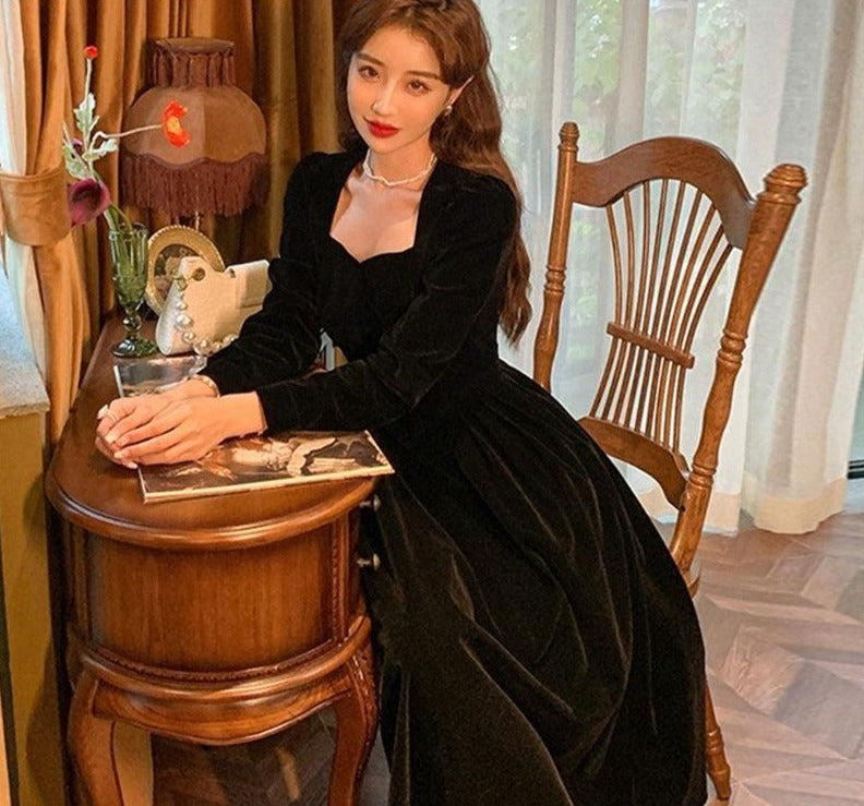 French Velvet Midi Dress Office Lady 2021 Winter Black Vintage Dress Evening Party Long Sleeve Elegant One Piece Dress Korean
