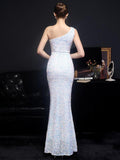 Elegant One Shoulder Slit White Sequin Evening Dress Women Beads Party Maxi Dress