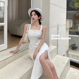 2021 Women  Sexy White Solid Beach Party Spaghetti Strap Midi Slit Dress Elegant Female Summer Bodycon Clothes