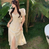 White Elegant Split Dress Women Summer Korean V-Neck Sweet Sexy Midi Dress Female Puff Sleeve Japanese Strapless Party Dress