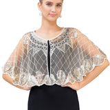 1920s Shawl Beaded Sequin Deco Evening Cape Bolero Flapper Cover Up See-through Scalloped Hem Party Shawl