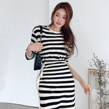 Women  Striped Lace Up Office Ladies Elegant Side Split  Vestidos Casual Long Sleeve Robe Autumn Spring Dress