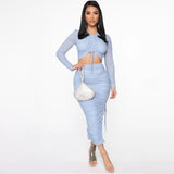 2pcs/Set Mesh Midi Skirt Ruched Outfit Pink Blue Drawstring Long Sleeve Crop Tops