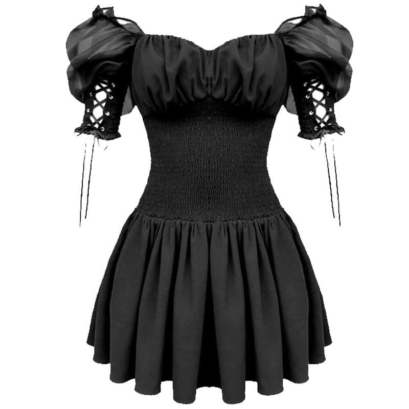 New Arrival Summer Gothic Girls Dress Black Women Short Sleeve Sexy Club Female Slash Neck A-Line Party Dresses