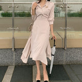 Women Spring Summer Front Button Midi Shirt Dress Solid Sashes Long Sleeve Casual Belt Waist  Office Lady Sundress