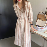 2021 Autumn Maxi Dresses for Women Striped Lace Up Slim Waist Puff Sleeve Shirt Dress Ladies Casual Vetidos