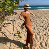 2021 Fashion Summer Vacation Dress Long Party Dress Women Elegant Beach Sexy Strapless Folds High Split Bodycon Dress