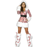 Lady Hooded Striped Deluxe Santa Clause Costumes Sexy Performance Winter Christmas Dresses For Women