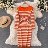 Autumn Winter Midi Round Neck Long Sleeve Elegant Striped Knitted Dress Sexy Bodycon Dress