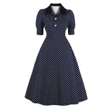 Puff Sleeve Button Up Polka Dot Vintage Style Party Long Elegant High Waist Cotton Pinup Midi Dress