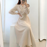 2021 Dresses for Women Vintage Robe V-neck Puff Sleeve Folds Vestidos Mujer High Waist Temperament Dress