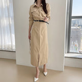 Women Casual Shirt Dress 2021 Autumn Vestidos Long Sleeve Lace-up Single-Breasted Female Split Dress