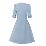 1950s Women Spring Party Retro Sleeve Bow Neck Button Up Shirt Swing Tunic Blue Vintage Dresses