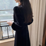 Women Elegant V-neck Velvet A-Line Dress Puff Sleeve Female Ankle-Length Dress Vestidos