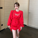 Autumn Women Fashion Fleece Thicken Hoodies Mini Dress Female Long Sleeve Letters Drawstring Clothes